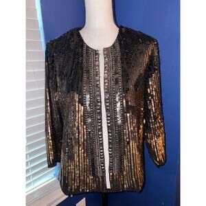 Chico’s Shining Starlet Sequin Jacket Size 1 Black Copper EUC Glam Statement